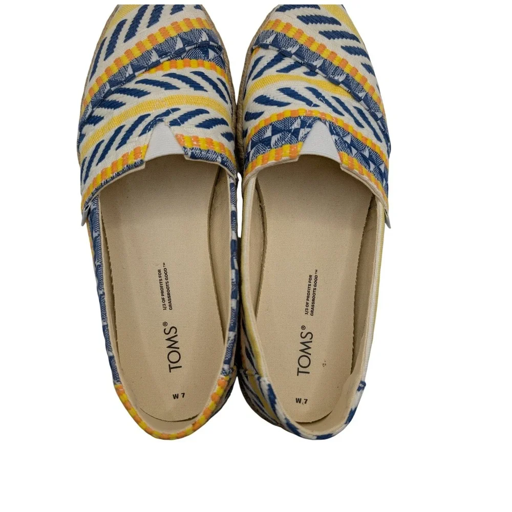 TOMS Espadrille Flats Blue Yellow Woven Geometric Alpargata - 7